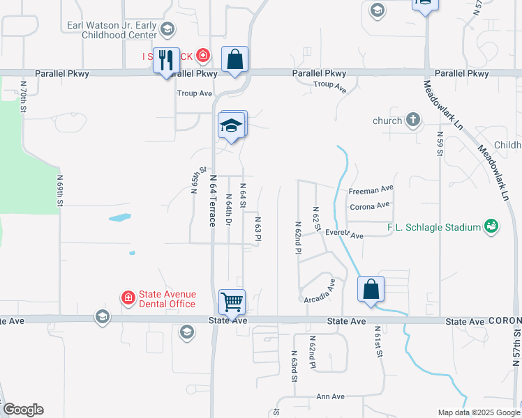 map of restaurants, bars, coffee shops, grocery stores, and more near 1436 North 63rd Terrace in Kansas City