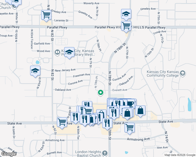 map of restaurants, bars, coffee shops, grocery stores, and more near 1507 North 78th Place in Kansas City
