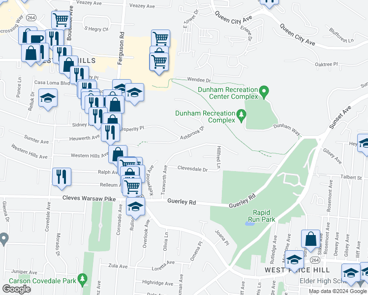 map of restaurants, bars, coffee shops, grocery stores, and more near 1714 Tuxworth Avenue in Cincinnati