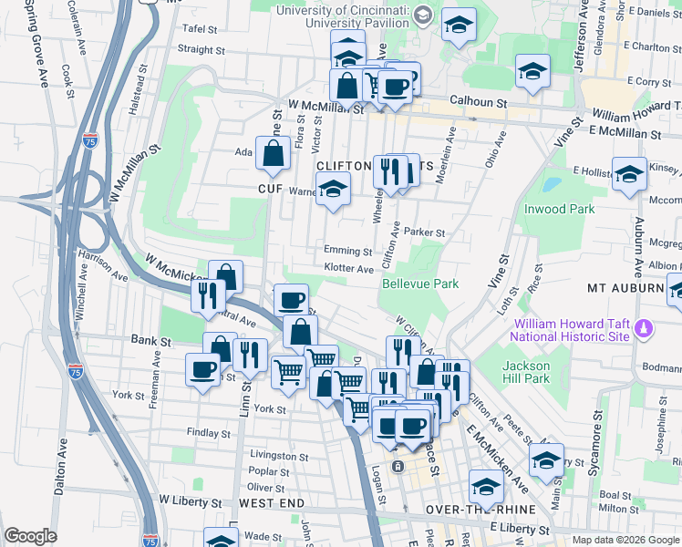 map of restaurants, bars, coffee shops, grocery stores, and more near 229 Hastings Street in Cincinnati