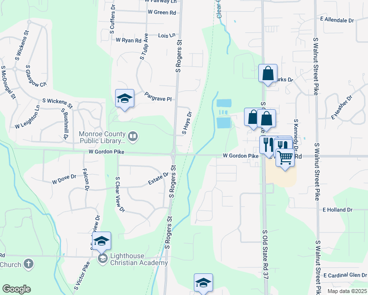 map of restaurants, bars, coffee shops, grocery stores, and more near 451-465 West Gordon Pike in Bloomington