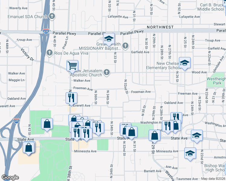 map of restaurants, bars, coffee shops, grocery stores, and more near 1531 North 34 Street in Kansas City