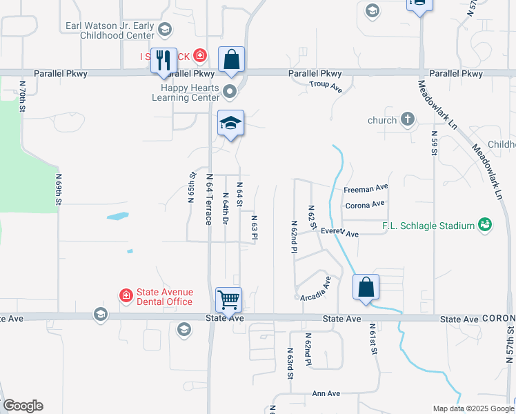 map of restaurants, bars, coffee shops, grocery stores, and more near 1436 North 63rd Terrace in Kansas City