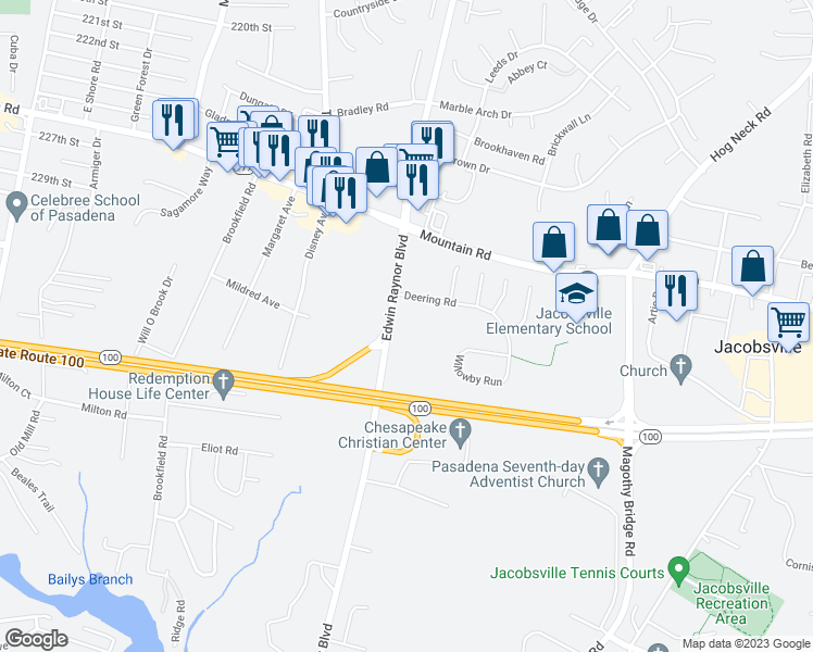 map of restaurants, bars, coffee shops, grocery stores, and more near 647 Deering Road in Pasadena
