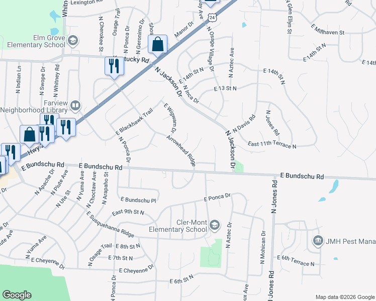 map of restaurants, bars, coffee shops, grocery stores, and more near 1036 North Arrowhead Ridge in Independence
