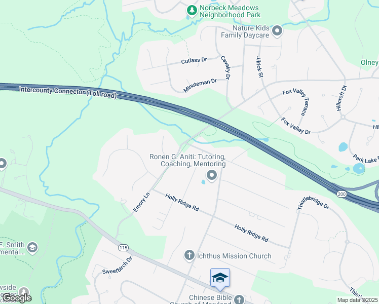 map of restaurants, bars, coffee shops, grocery stores, and more near 16213 Emory Lane in Rockville