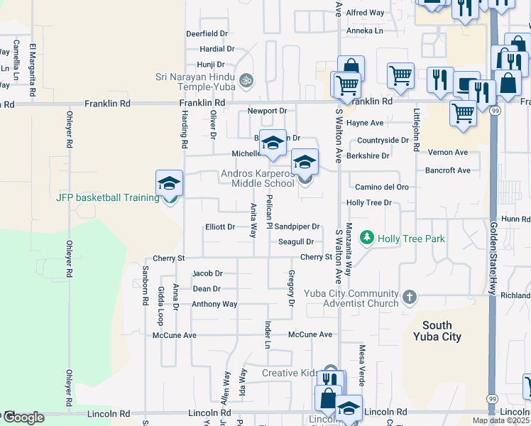 map of restaurants, bars, coffee shops, grocery stores, and more near 355 Pelican Place in Yuba City