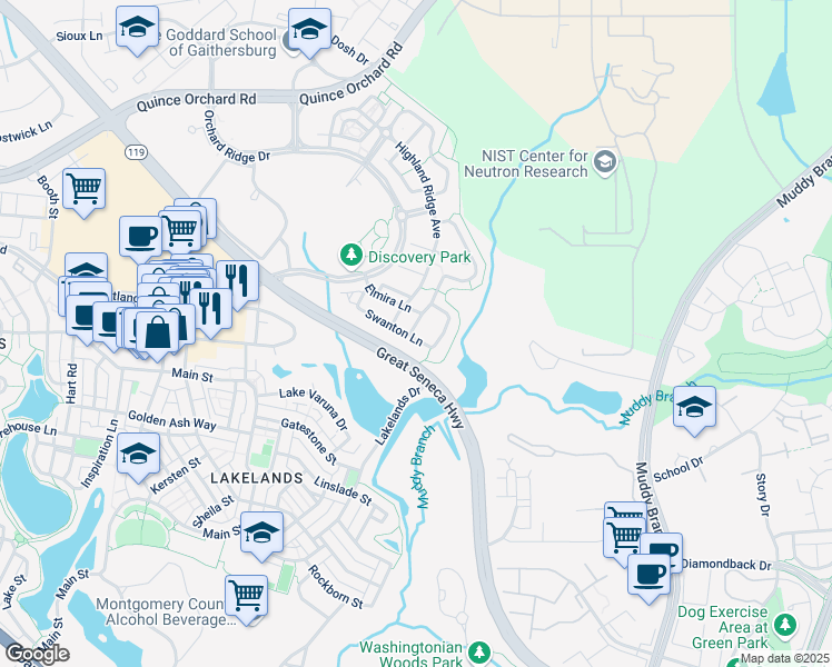 map of restaurants, bars, coffee shops, grocery stores, and more near 306 Swanton Lane in Gaithersburg
