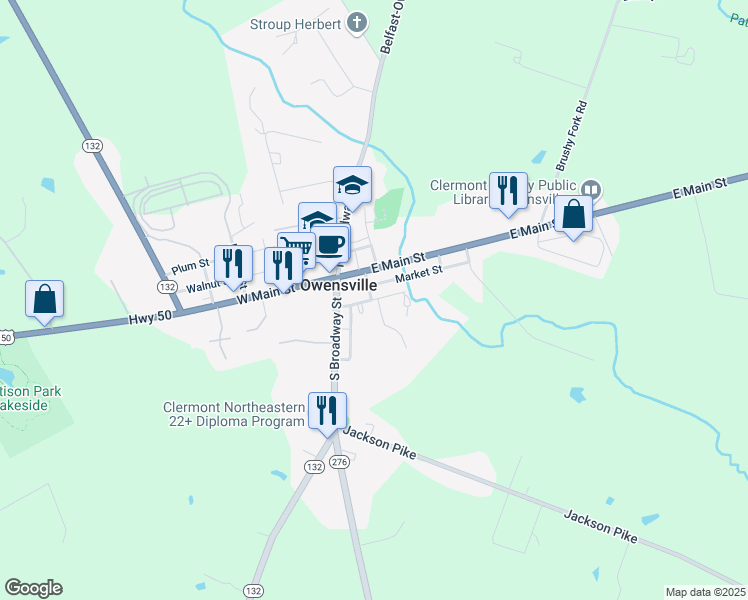 map of restaurants, bars, coffee shops, grocery stores, and more near 108 Carver Street in Owensville