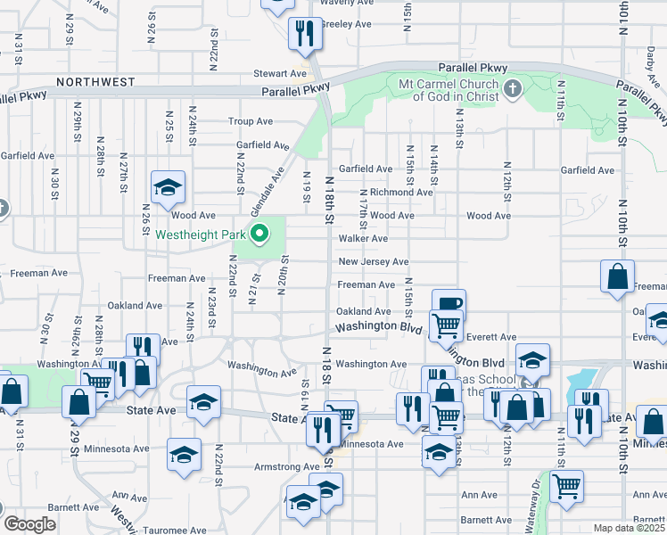 map of restaurants, bars, coffee shops, grocery stores, and more near 1649 North 18th Street in Kansas City