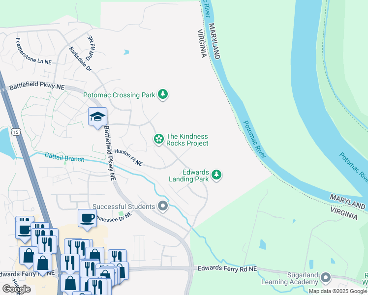 map of restaurants, bars, coffee shops, grocery stores, and more near 605 Hunton Place Northeast in Leesburg