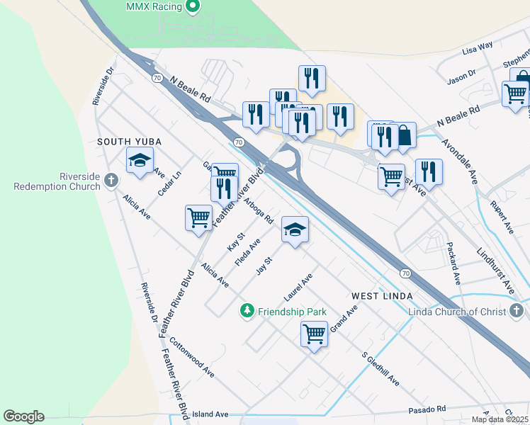 map of restaurants, bars, coffee shops, grocery stores, and more near 1024 Kay Street in Olivehurst