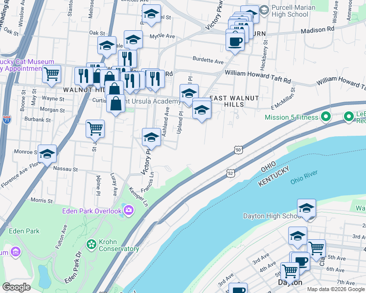 map of restaurants, bars, coffee shops, grocery stores, and more near 2301 Grandview Avenue in Cincinnati