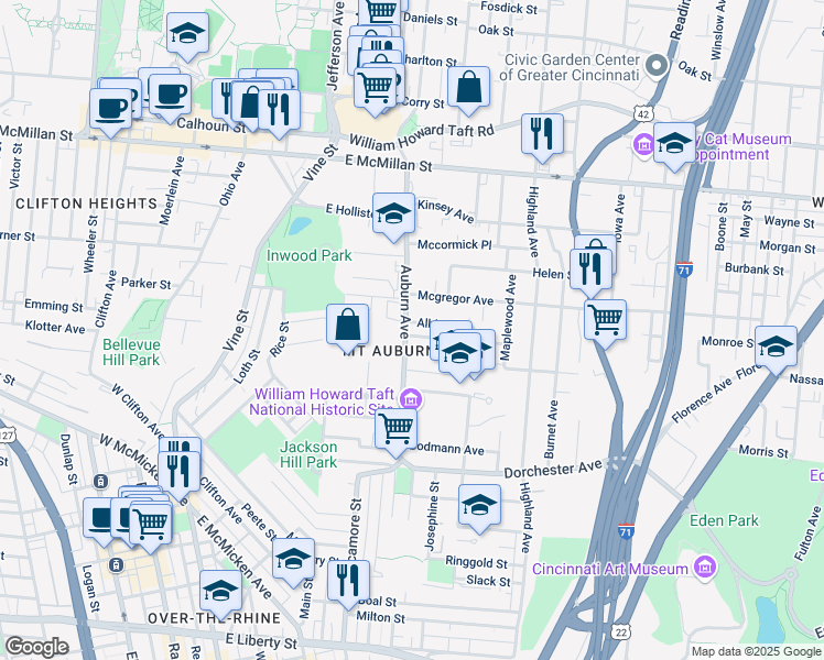 map of restaurants, bars, coffee shops, grocery stores, and more near in Cincinnati