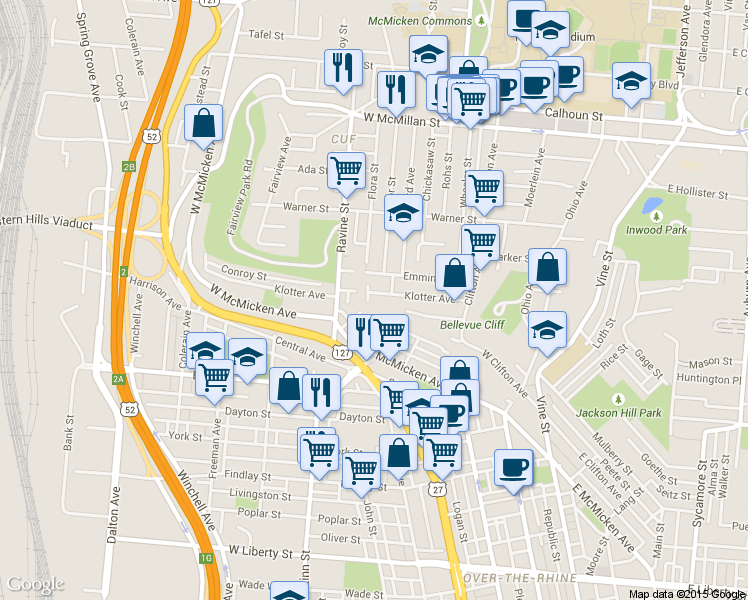 map of restaurants, bars, coffee shops, grocery stores, and more near 321 Renner Street in Cincinnati