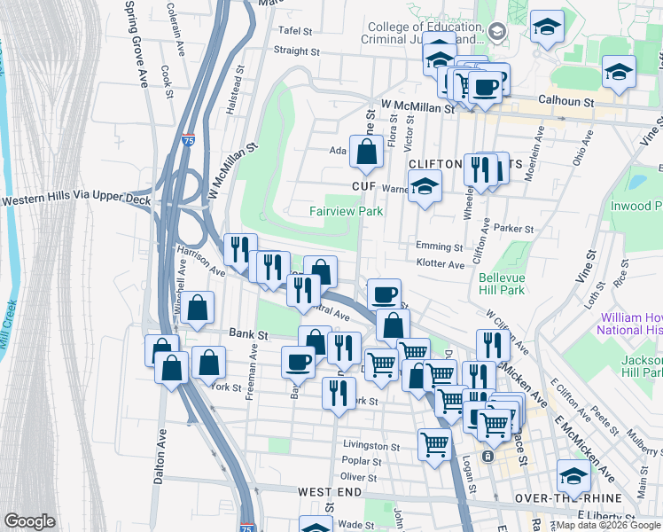 map of restaurants, bars, coffee shops, grocery stores, and more near 457 West McMicken Avenue in Cincinnati