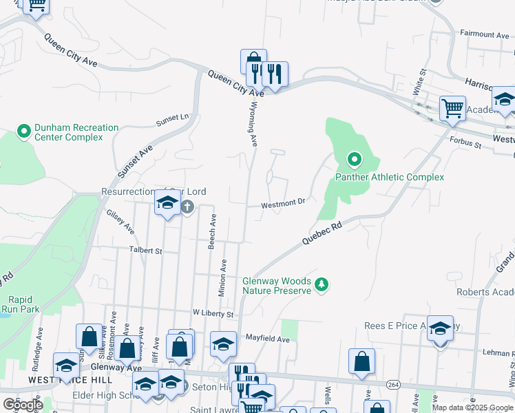 map of restaurants, bars, coffee shops, grocery stores, and more near 1828 Wyoming Avenue in Cincinnati