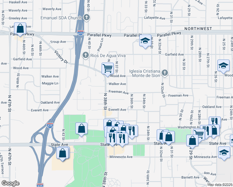 map of restaurants, bars, coffee shops, grocery stores, and more near 3722 Oakland Avenue in Kansas City
