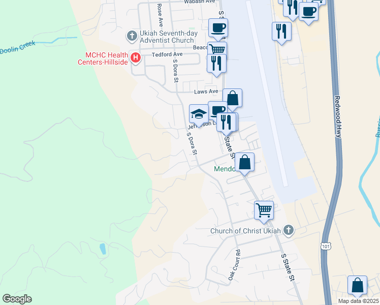 map of restaurants, bars, coffee shops, grocery stores, and more near 2100 South Dora Street in Ukiah