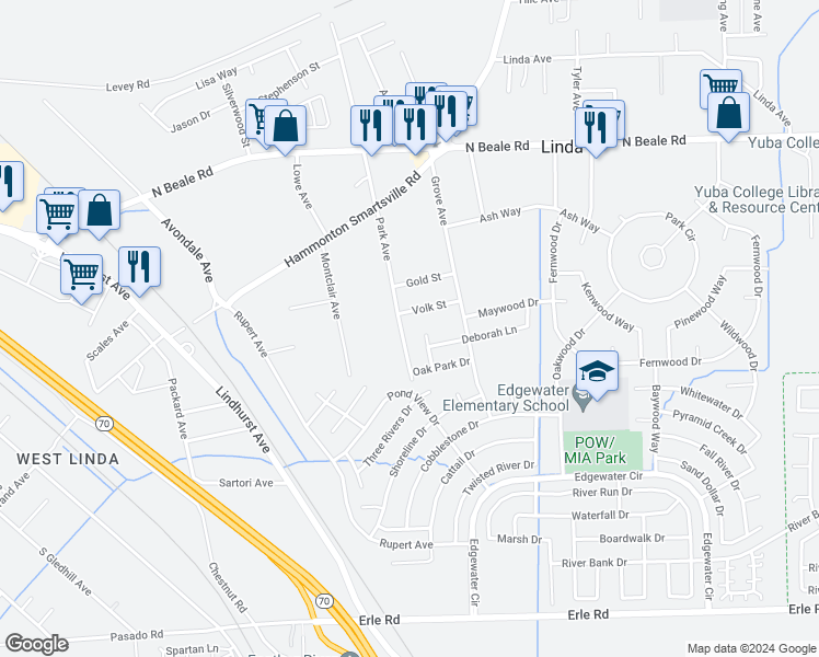 map of restaurants, bars, coffee shops, grocery stores, and more near 5813 Park Avenue in Marysville