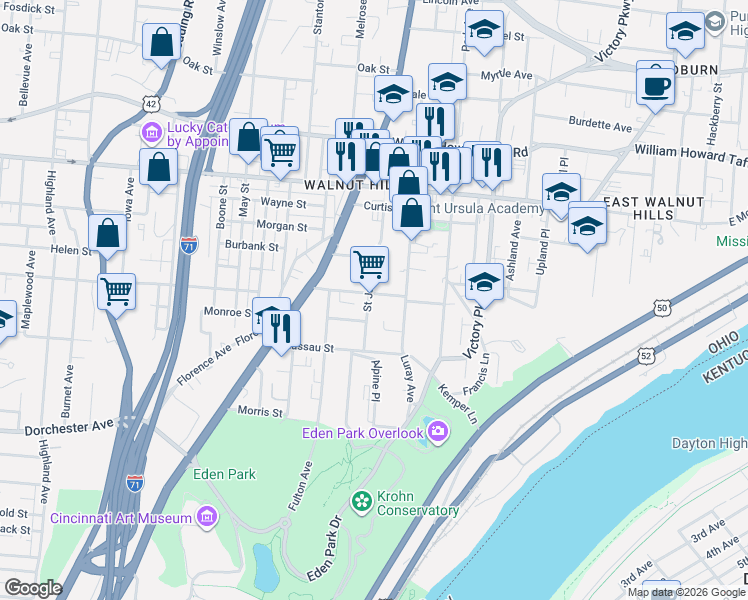 map of restaurants, bars, coffee shops, grocery stores, and more near 2223 Kemper Lane in Cincinnati