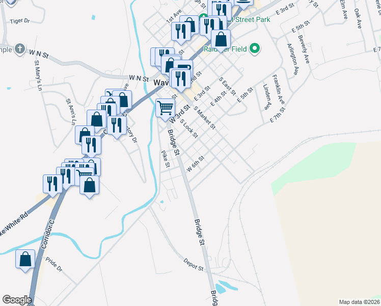 map of restaurants, bars, coffee shops, grocery stores, and more near 411 Vine Street in Waverly