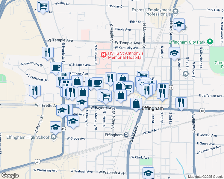 map of restaurants, bars, coffee shops, grocery stores, and more near 604 West Shelby Avenue in Effingham