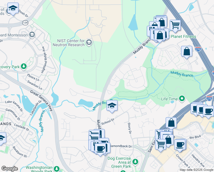 map of restaurants, bars, coffee shops, grocery stores, and more near Muddy Branch Road in Gaithersburg