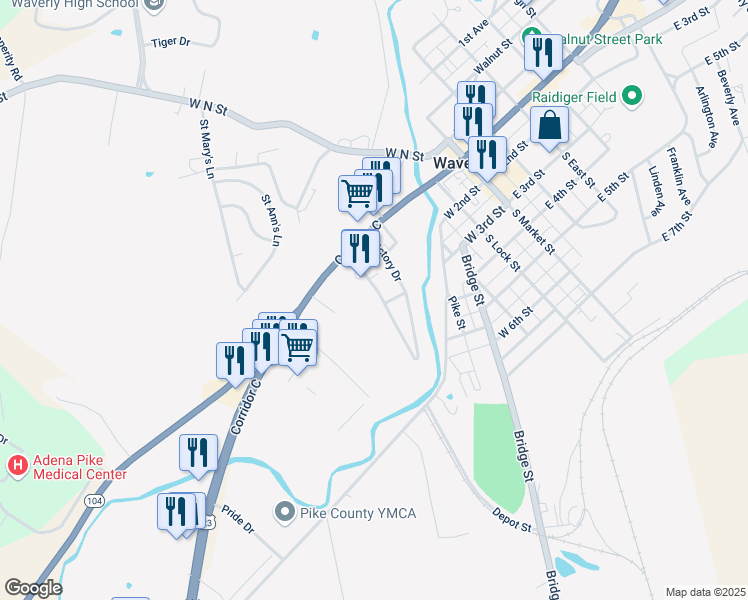 map of restaurants, bars, coffee shops, grocery stores, and more near 128 Victory Drive in Waverly