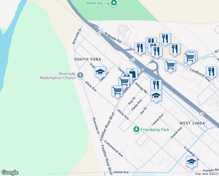 map of restaurants, bars, coffee shops, grocery stores, and more near 866 Cedar Lane in Linda