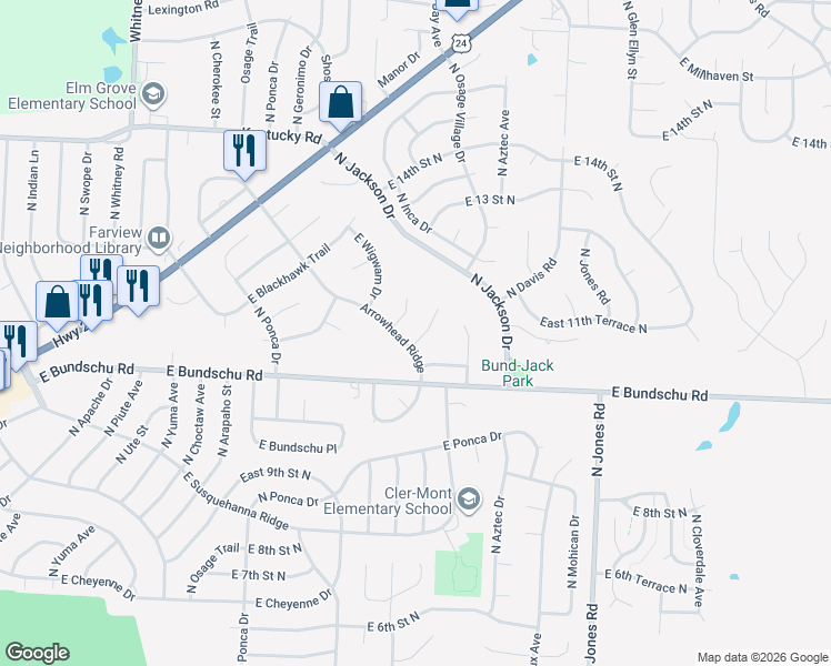 map of restaurants, bars, coffee shops, grocery stores, and more near 18906 East Tepee Court in Independence