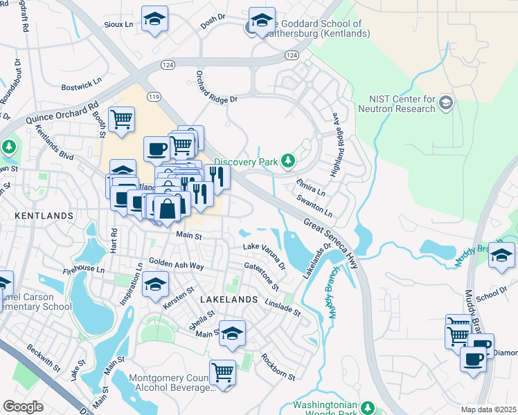 map of restaurants, bars, coffee shops, grocery stores, and more near 130 Chevy Chase Street in Gaithersburg