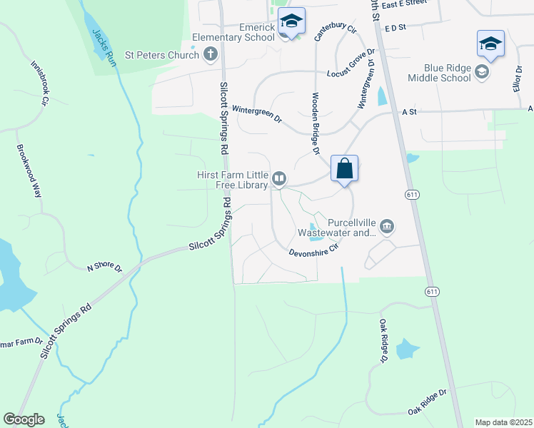 map of restaurants, bars, coffee shops, grocery stores, and more near 960 Devonshire Circle in Purcellville