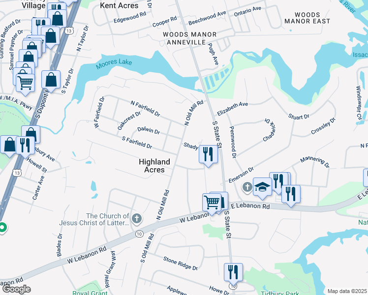 map of restaurants, bars, coffee shops, grocery stores, and more near 143 North Old Mill Road in Dover