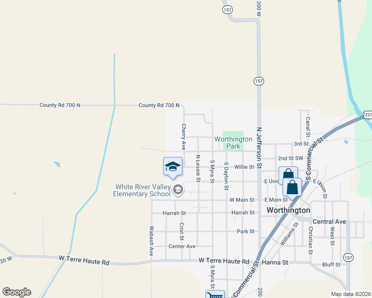 map of restaurants, bars, coffee shops, grocery stores, and more near 216 North Lessie Street in Worthington