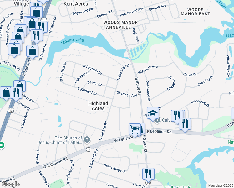 map of restaurants, bars, coffee shops, grocery stores, and more near 143 North Old Mill Road in Dover