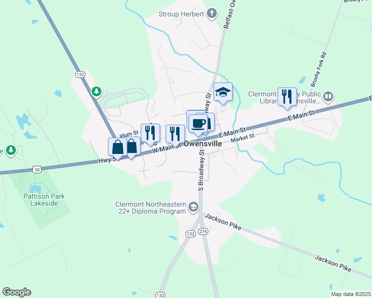 map of restaurants, bars, coffee shops, grocery stores, and more near 203 North Broadway Street in Owensville
