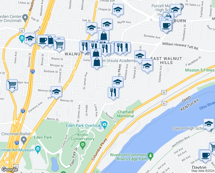 map of restaurants, bars, coffee shops, grocery stores, and more near 2350 Victory Parkway in Cincinnati