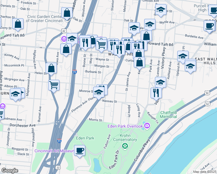 map of restaurants, bars, coffee shops, grocery stores, and more near 2219 Fulton Avenue in Cincinnati