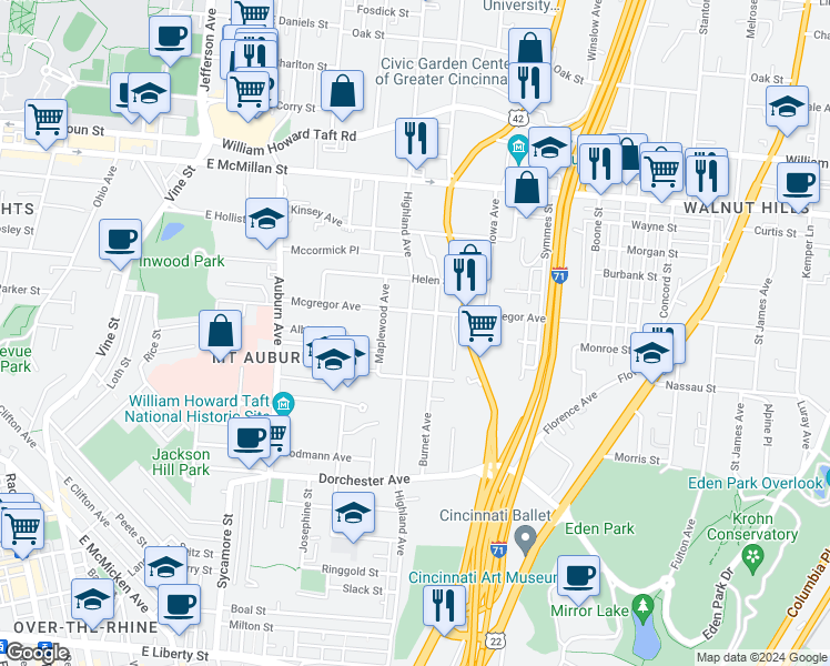map of restaurants, bars, coffee shops, grocery stores, and more near 2216 Burnet Avenue in Cincinnati