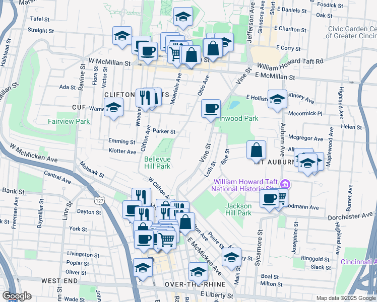 map of restaurants, bars, coffee shops, grocery stores, and more near 2213 Vine Street in Cincinnati