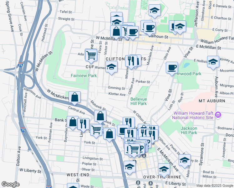 map of restaurants, bars, coffee shops, grocery stores, and more near 229 Hastings Street in Cincinnati