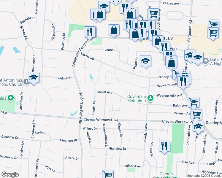map of restaurants, bars, coffee shops, grocery stores, and more near 5223 Ralph Avenue in Cincinnati