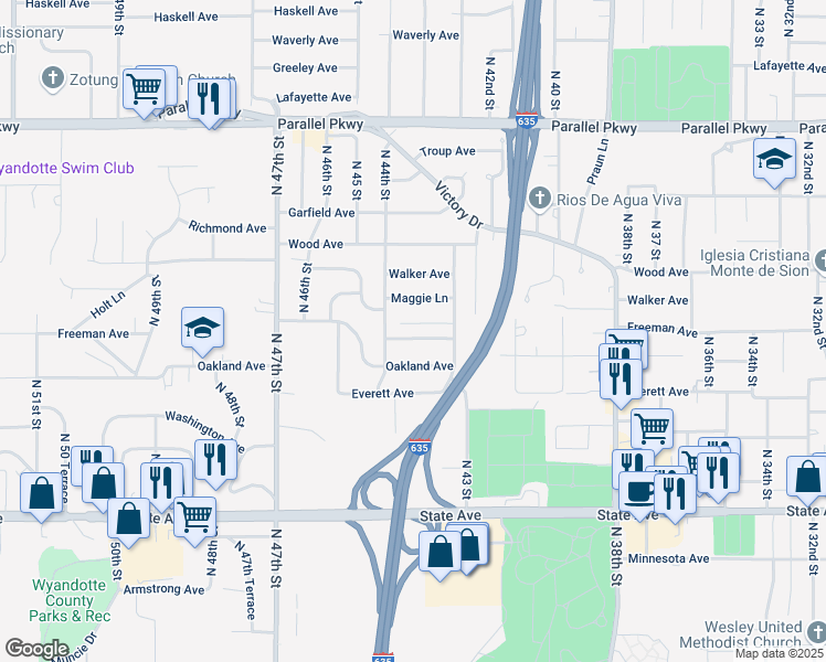 map of restaurants, bars, coffee shops, grocery stores, and more near 4338 Oakland Avenue in Kansas City