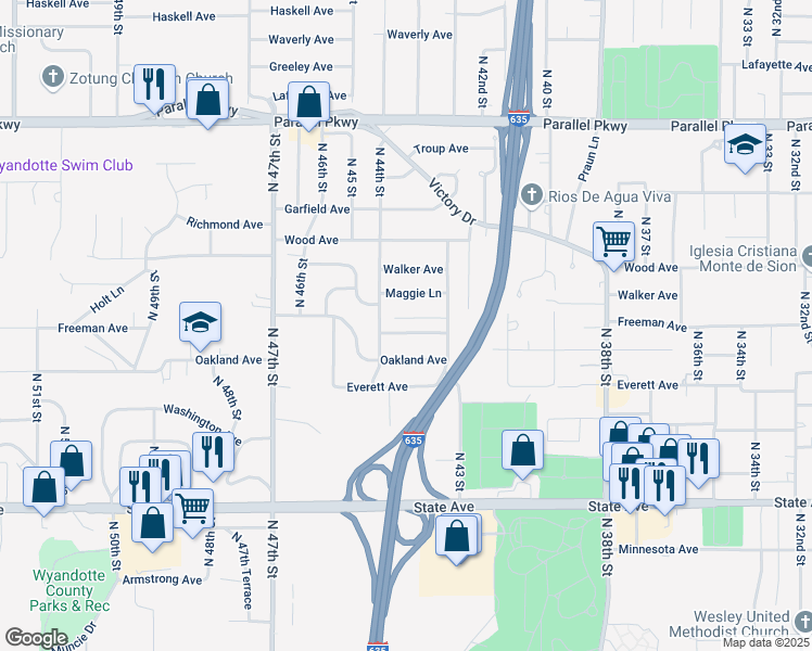 map of restaurants, bars, coffee shops, grocery stores, and more near 4338 Oakland Avenue in Kansas City