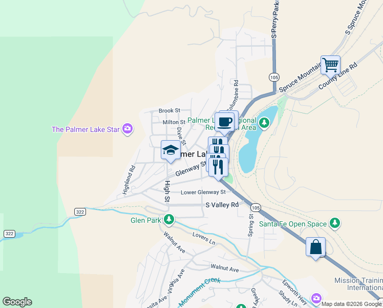 map of restaurants, bars, coffee shops, grocery stores, and more near in Palmer Lake