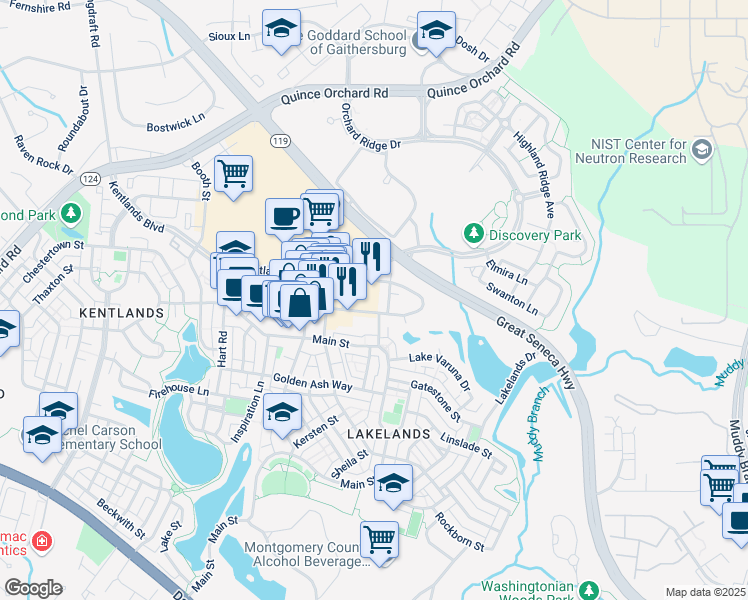 map of restaurants, bars, coffee shops, grocery stores, and more near 618 Center Point Way in Gaithersburg