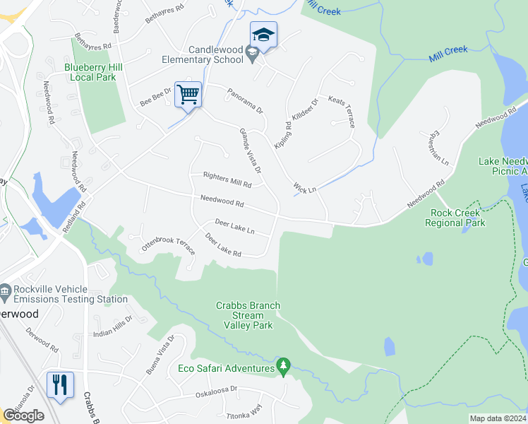 map of restaurants, bars, coffee shops, grocery stores, and more near 7108 Needwood Road in Rockville
