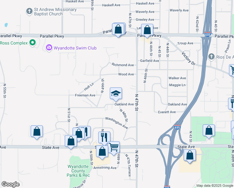 map of restaurants, bars, coffee shops, grocery stores, and more near 4820 Oakland Avenue in Kansas City