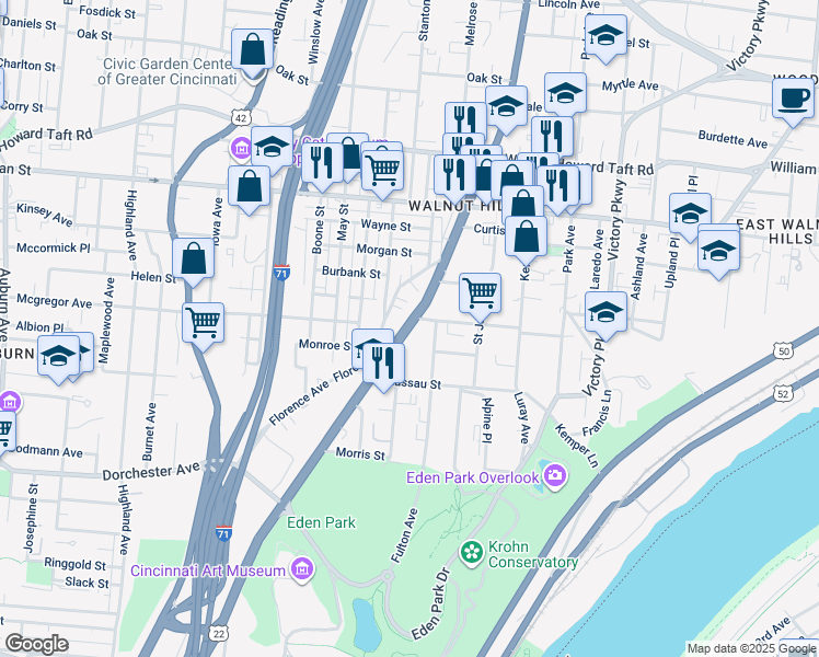 map of restaurants, bars, coffee shops, grocery stores, and more near Gilbert Avenue in Cincinnati